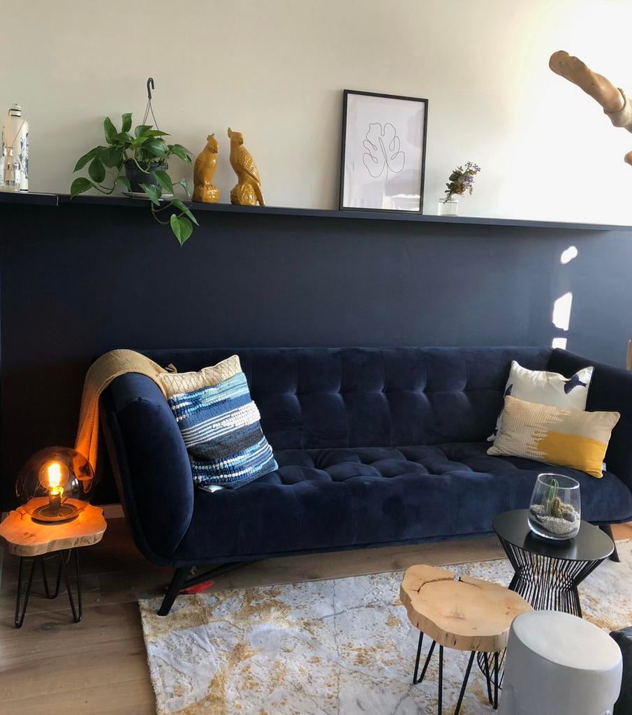 Comfortabele blauwe 3-zitsbank, Huis en Inrichting, Banken | Bankstellen, Ophalen, Gebruikt, Driepersoons, 75 tot 100 cm