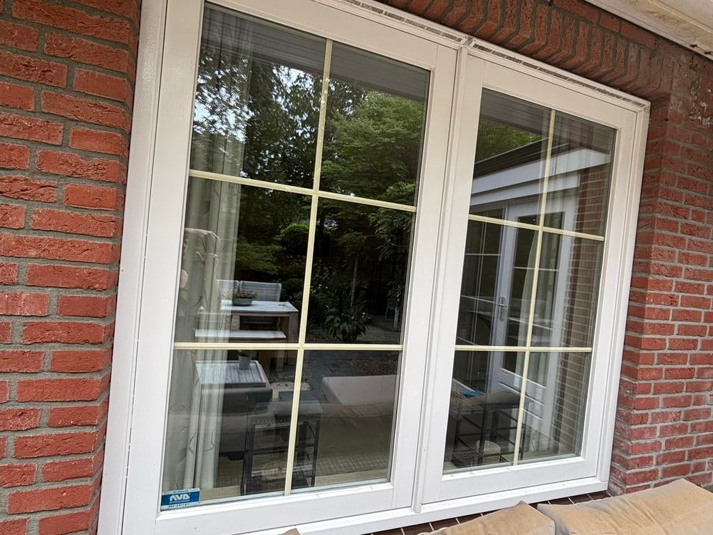 Ramen met hardhouten kozijn en roedeverdeling, Doe-het-zelf en Verbouw, Glas en Ramen, Ophalen, Gevelraam of Ruit, Gebruikt, 160 cm of meer