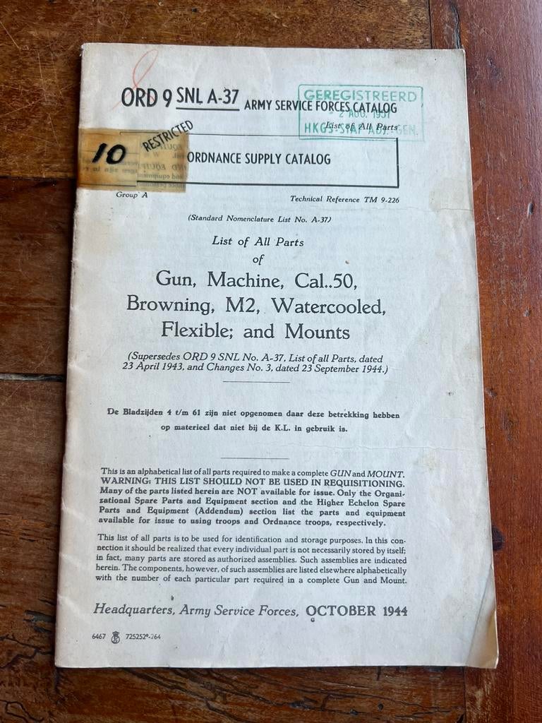 WO2 Amerikaans onderdelen catalogus .50 BMG AA mount 1944, Verzamelen, Militaria | Tweede Wereldoorlog, Amerika, Ophalen of Verzenden
