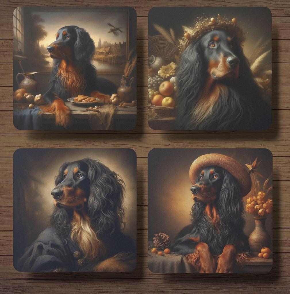 Gordon Setter Rembrandt stijl onderzetters met houder, Ophalen of Verzenden, Nieuw, Glas of Kopje