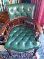 Vintage Fauteuil - Groen Leer en Hout, Huis en Inrichting, Fauteuils, Ophalen, Gebruikt, 75 tot 100 cm, 75 tot 100 cm