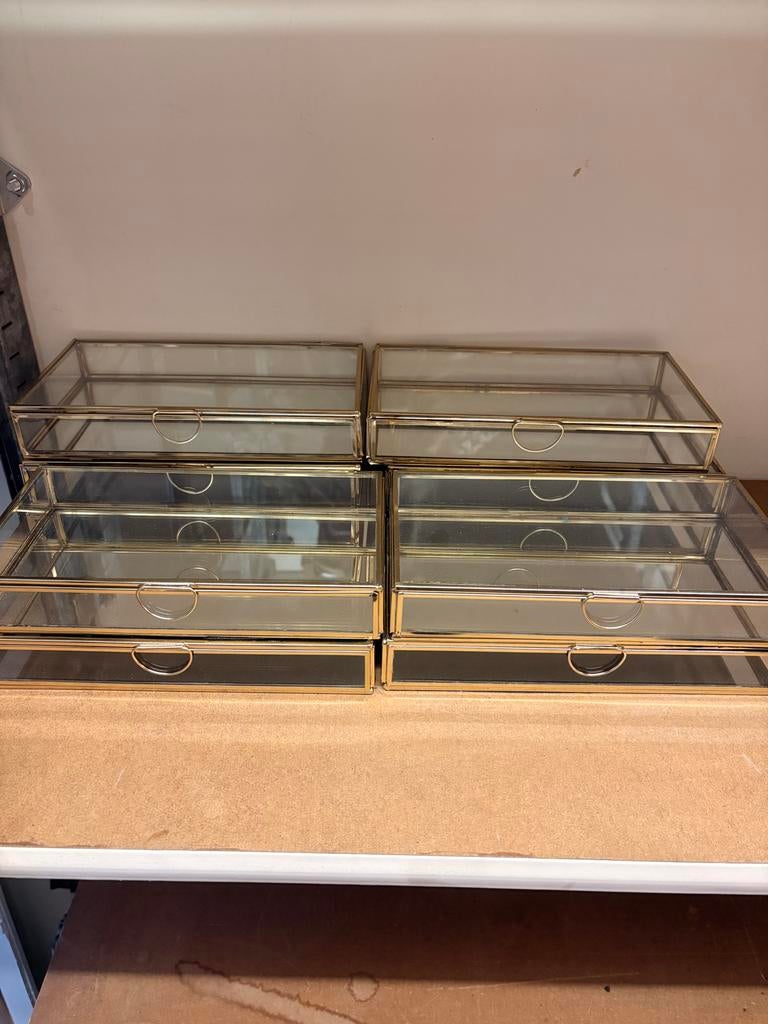 10 Gouden Glazen Boxen 13,5x24,5 cm met Spiegelbodem, Ophalen of Verzenden, Nieuw, Glas, Minder dan 50 cm