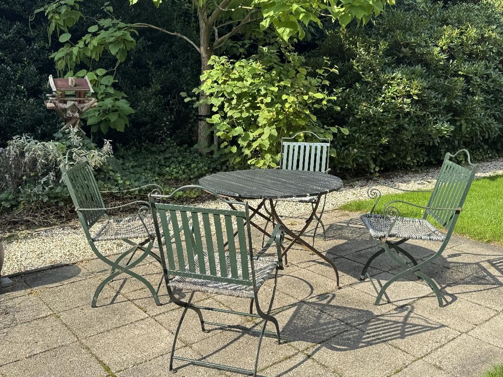 Vintage ijzeren bistroset: 6 stoelen + ronde tafel, Tuin en Terras, Tuinstoelen, Ophalen, Gebruikt, Metaal