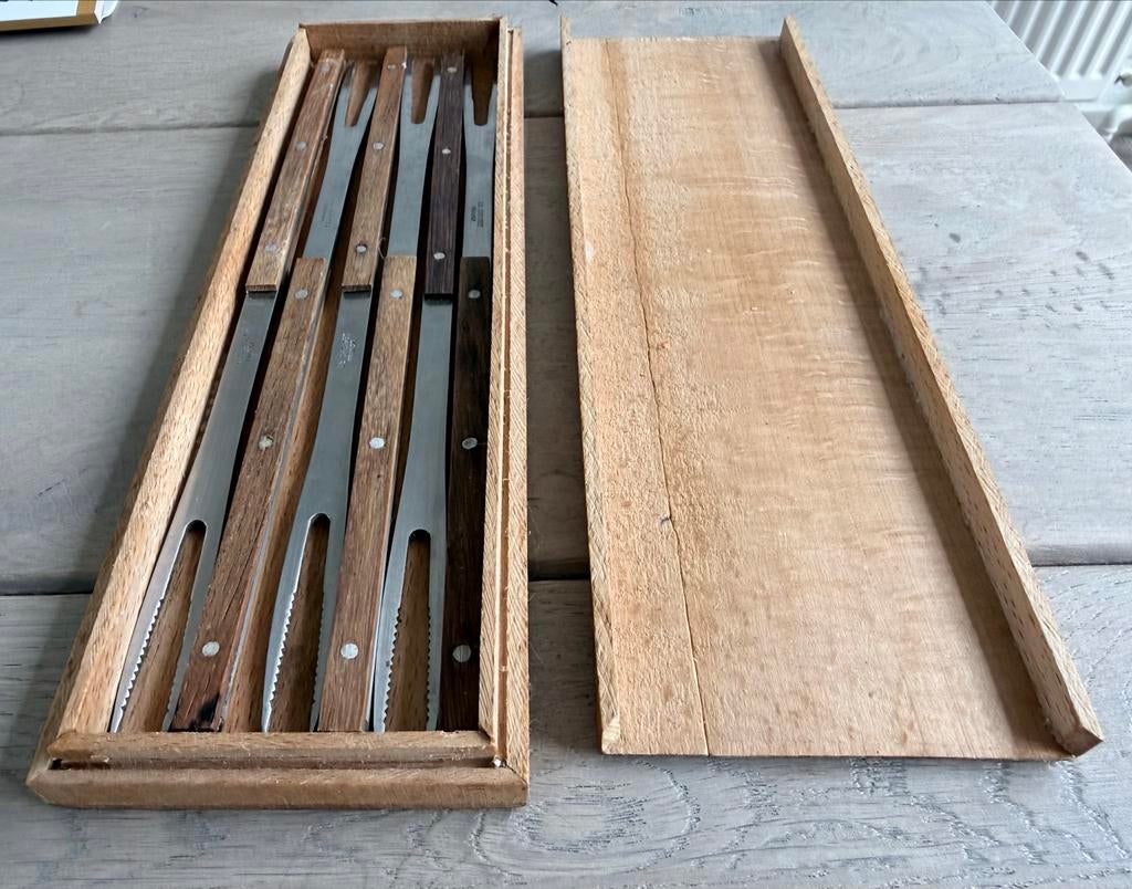 Le Creuset fonduevorken in houten kistje, jaren 70, Antiek en Kunst, Ophalen of Verzenden