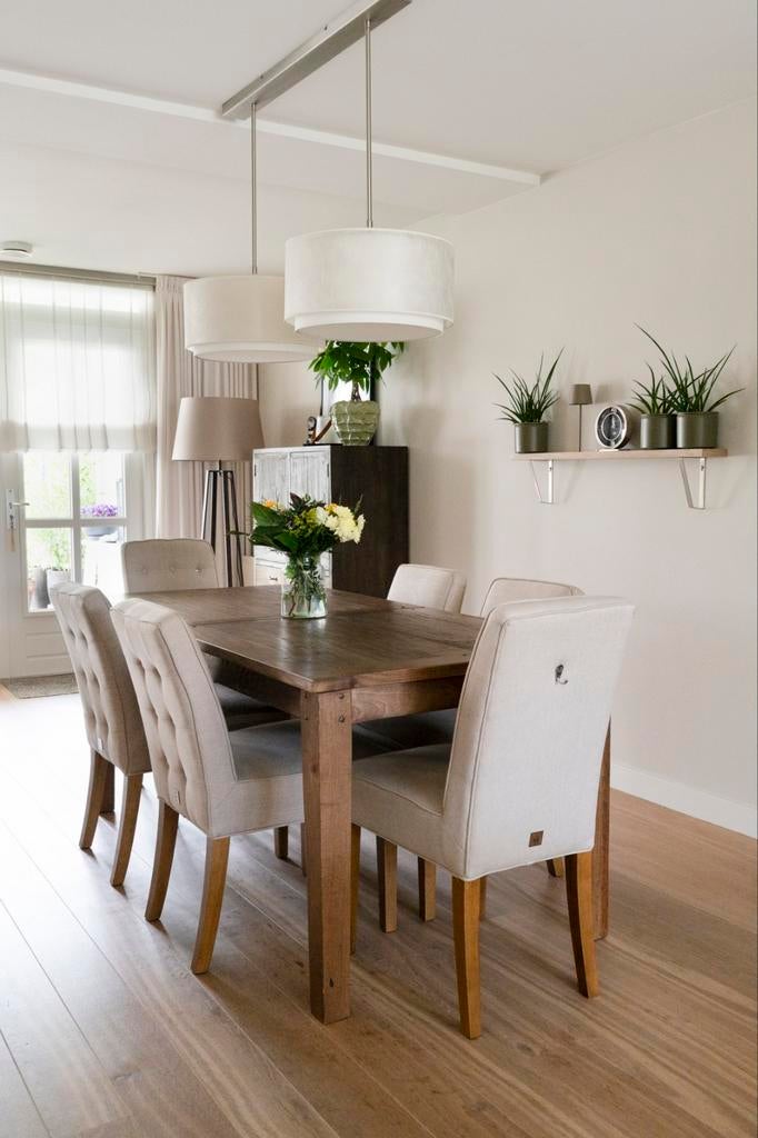 Riviera Maison Uitschuifbare Eettafel + Eetkamerstoelen, Ophalen, Gebruikt, 200 cm of meer, Landelijk, Riviera Maison