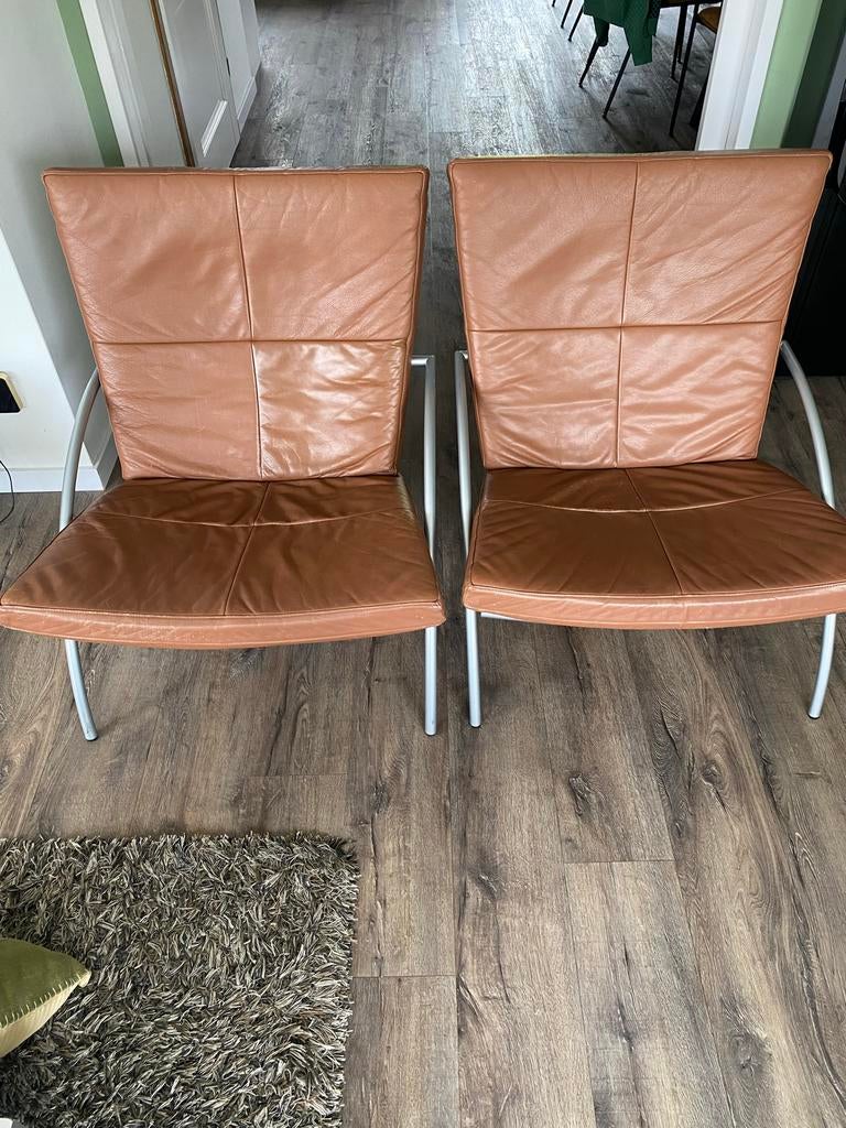 Set van 2 bruine Harvink leren stoelen, Huis en Inrichting, Stoelen, Ophalen, Gebruikt, Twee, Bruin