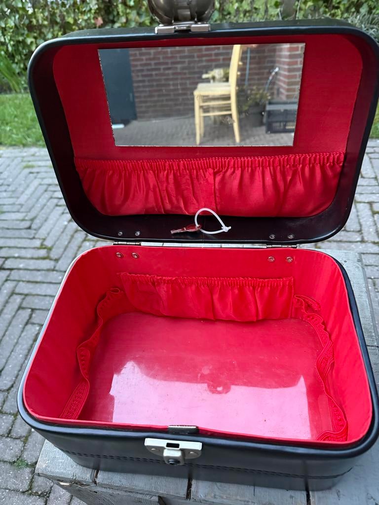 Vintage Zwarte Beautycase met Spiegel en Slot, Gebruikt, Zwart, Ophalen of Verzenden, Met slot