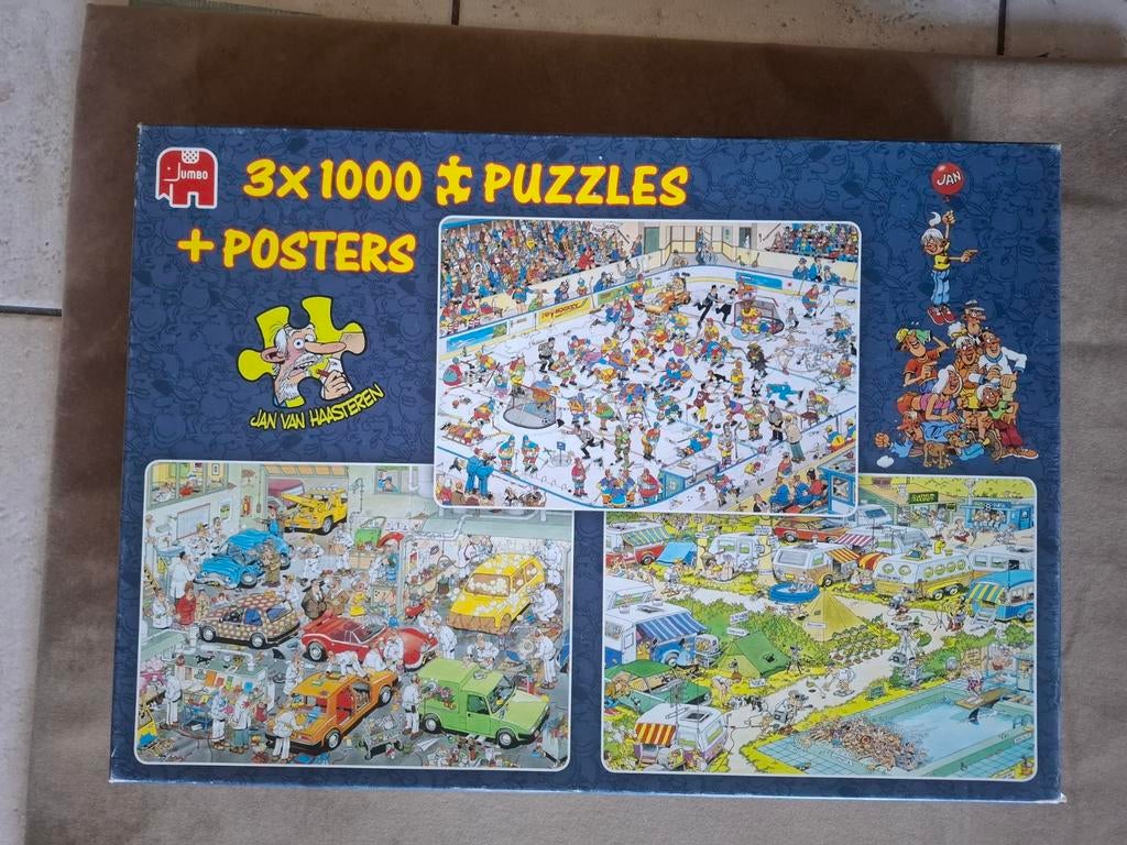 Van Haasteren 3 puzzels, camping, autospuiterij en ijshockey, Ophalen of Verzenden, 500 t/m 1500 stukjes, Gebruikt, Legpuzzel