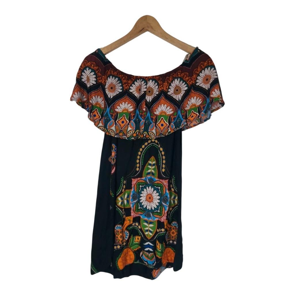 Farm Rio Zwarte Off Shoulder Mini Jurk Multicolor Print S, Verzenden, Zwart, Zo goed als nieuw, Farm Rio