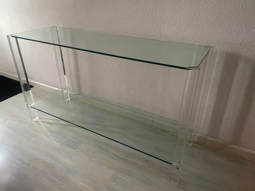 Mooie glazen sidetable met plexiglas poten, 100 tot 150 cm, Ophalen of Verzenden, Zo goed als nieuw, 25 tot 50 cm