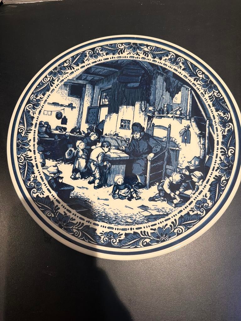 Delfs blauw wandbord de schoolmeester v. Ostade, Ophalen of Verzenden