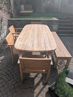 Teak tuinset: tafel, bankje en 4 stoelen (1 jaar oud), Ophalen, Bank, 6 zitplaatsen, Teakhout