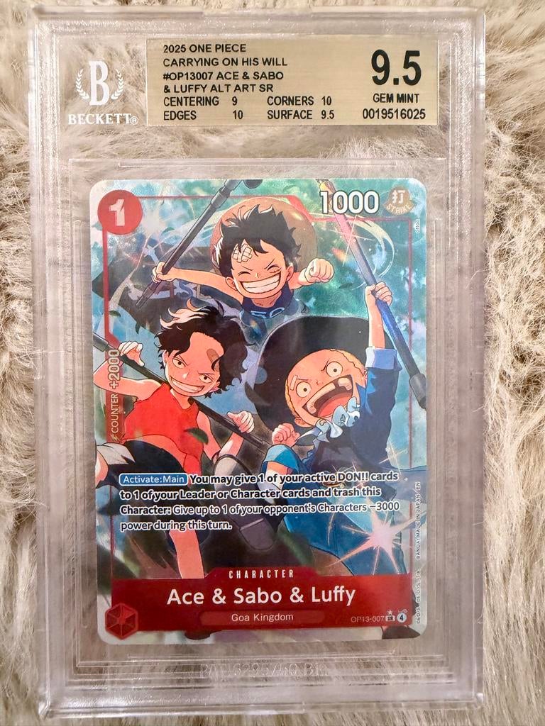 One Piece Ace & Sabo & Luffy SR BGS 9.5, Ophalen of Verzenden, Zo goed als nieuw, Losse kaart