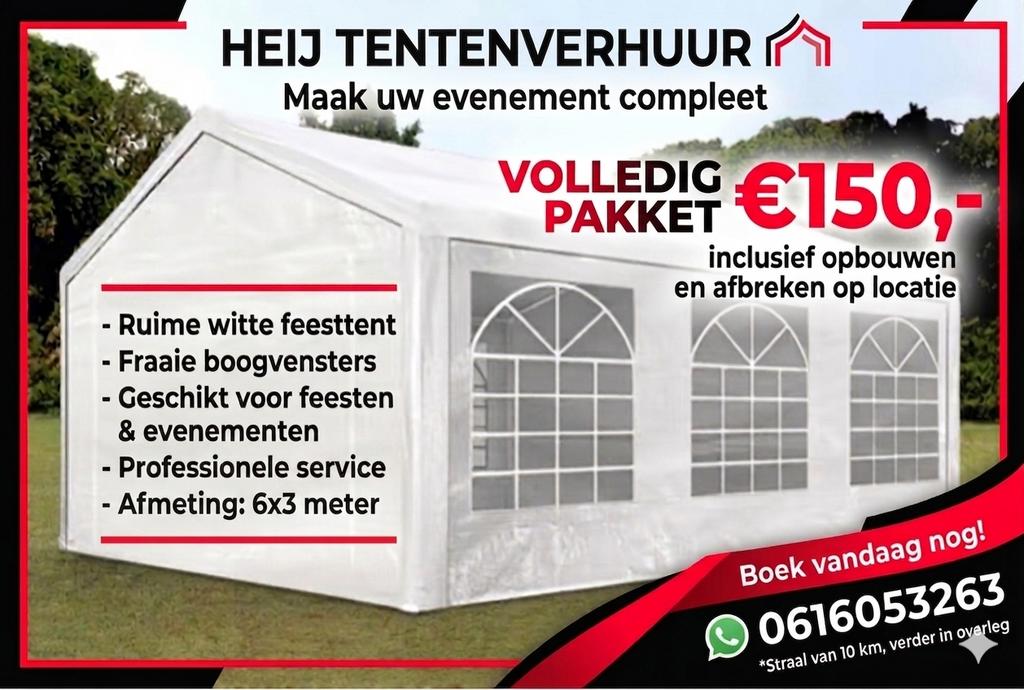 Partytent Verhuur - Compleet Pakket 6x3 meter, Tuin en Terras, Partytenten, Ophalen, Gebruikt, Partytent, Minder dan 4 meter