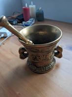 Antieke messing mortier met stamper – leeuwenkop oren, Ophalen of Verzenden