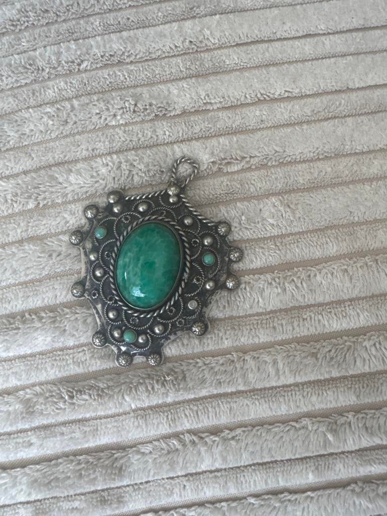 Vintage Alpaca Zilveren Hanger met Groene Steen, Ophalen, Gebruikt
