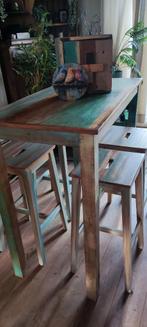 Beach-look mango/acacia bartafel met 4 barkrukken, Ophalen, Zo goed als nieuw, Inclusief barstoelen