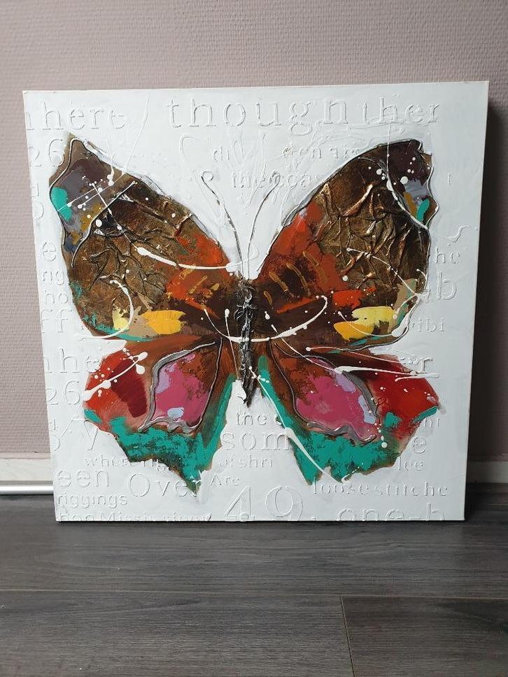 Uniek schilderij – Kleurrijke vlinder op 3D canvas – 60x60 c, Antiek en Kunst, Kunst | Schilderijen | Abstract, Ophalen of Verzenden