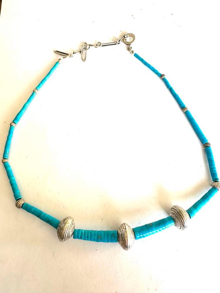 Vintage Navajo Turquoise Zilveren ketting USA, Sieraden, Tassen en Uiterlijk, Kettingen, Gebruikt, Overige materialen, Blauw, Met edelsteen
