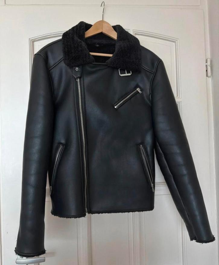 Leather biker jacket - zwart leren jas stradivarius men S, Kleding | Heren, Jassen | Winter, Gedragen, Maat 46 (S) of kleiner