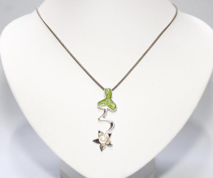Schitterende Sterling Zilveren Ketting & Parel Bloem Hanger, Sieraden, Tassen en Uiterlijk, Antieke sieraden, Ketting, Zilver