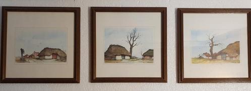 3 etsen: boerderij impressies, achter glas,  mooi ingelijst, Antiek en Kunst, Kunst | Etsen en Gravures, Ophalen