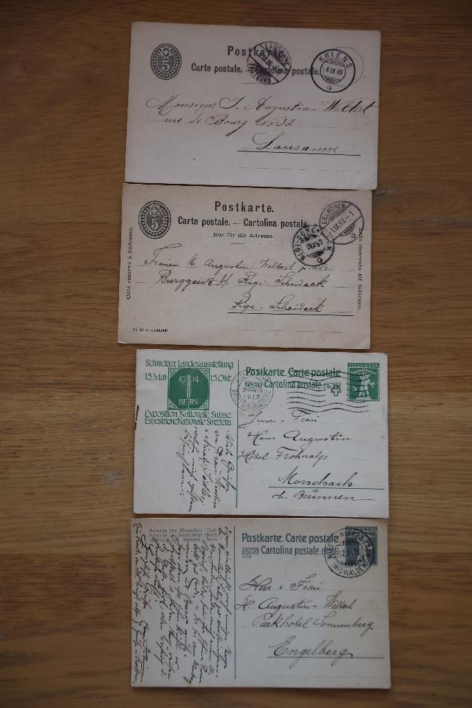 Viertal briefkaaten uit Zwitserland, Ophalen of Verzenden, Voor 1920, Gelopen, Overig Europa