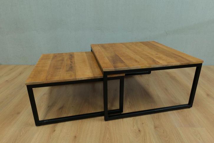 Salontafel set NIEUW Mangohout naturel en zwart 75x75/65x65, Huis en Inrichting, Tafels | Salontafels, Nieuw, Minder dan 50 cm