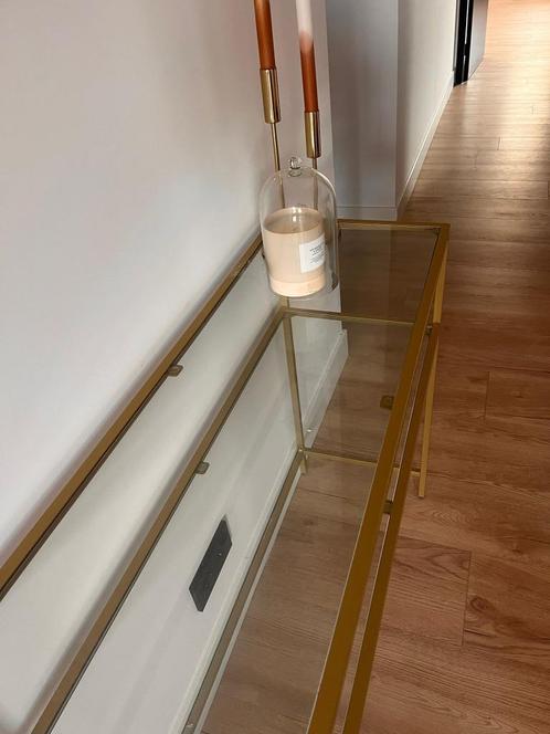Luxe gouden sidetable / console tafel met glasplaten, Huis en Inrichting, Tafels | Sidetables, Zo goed als nieuw, 25 tot 50 cm