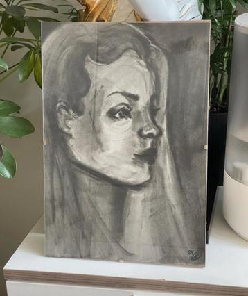 Houtskooltekening meisje kunst met prachtige lijst beschikbaar voor biedingen