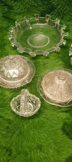 2 glazen schalen, 2 schaaltjes met deksel, glazen mandje, Antiek en Kunst, Antiek | Glas en Kristal, Ophalen of Verzenden
