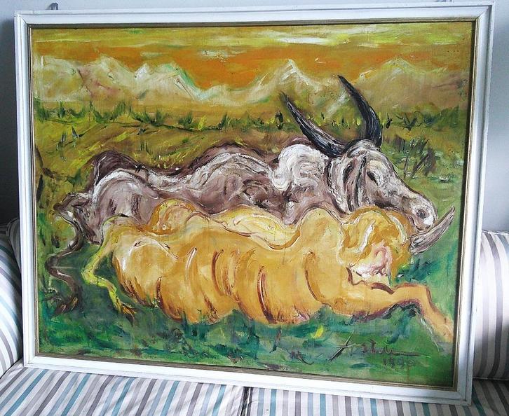 2 ossen in weiland 1990 - Astuti Kusumo (geb.1970 Indonesië, Antiek en Kunst, Kunst | Schilderijen | Klassiek, Ophalen