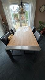 Massief eiken eettafel en 4 eetstoelen., Ophalen, Gebruikt, Eikenhout, 200 cm of meer