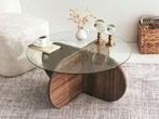 Ronde glazen salontafel met notenhout, Huis en Inrichting, Tafels | Salontafels, Ophalen, 50 tot 100 cm, Rond, Zo goed als nieuw
