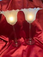 Set theelichthouders bloemvorm op glazen steel, Antiek en Kunst, Antiek | Glas en Kristal, Ophalen of Verzenden