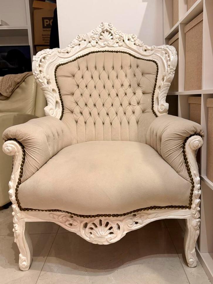 Barok stoel nieuwstaat bruidsstoel fotoshoot Taupe beige wit, Huis en Inrichting, Fauteuils, Zo goed als nieuw, Hout, 50 tot 75 cm