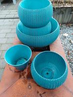 Ronde cyan kleurige bloembakken kunststof rotan, Ophalen, Kunststof, Gebruikt, 40 cm of meer