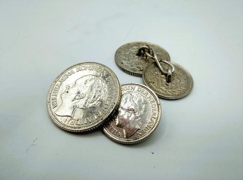 Zilveren manchetknopen gemaakt van 10 en 25 cent, Wilhelmina, Sieraden, Tassen en Uiterlijk, Manchetknopen, Gebruikt, Zilver, Verzenden