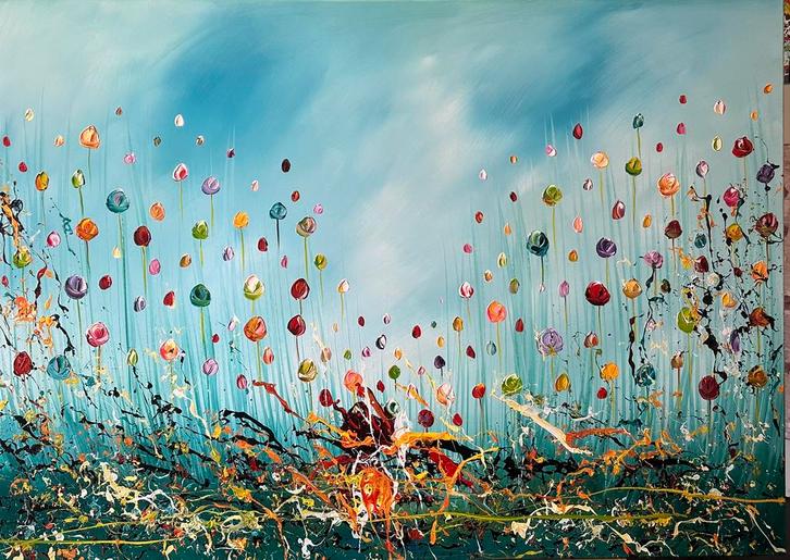 Gena G. - Bloemen- Handgeschilderd- Uniek, Antiek en Kunst, Kunst | Schilderijen | Abstract, Ophalen of Verzenden