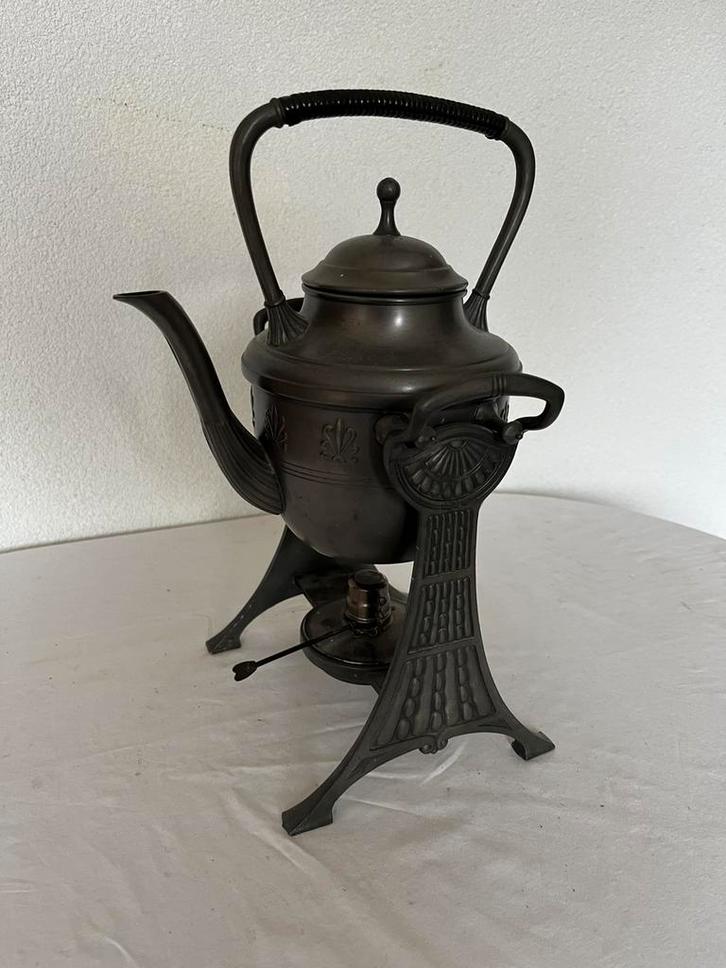 Oude Antieke Tinnen Kantelketel op Brander Kantel Thee Ketel, Antiek en Kunst, Antiek | Tin, Ophalen of Verzenden