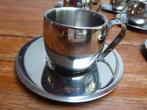 6 r.v.s. espressokopjes +schoteltjes en melkkannetje, Ophalen of Verzenden