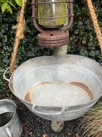 Oude zinken zaaibak aan stoer touw vintage,brocant, Minder dan 30 cm, Minder dan 60 cm, Rond, Ophalen of Verzenden