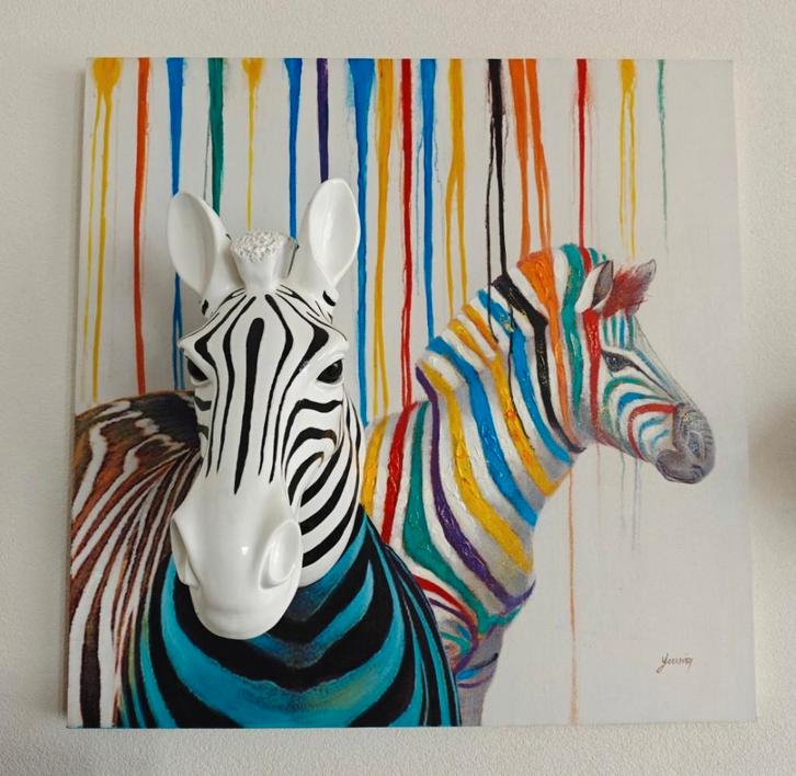 Schilderij Youniq 3D Zebra couple 100 x 100cm, Huis en Inrichting, Woonaccessoires | Schilderijen, Tekeningen en Foto's, Zo goed als nieuw