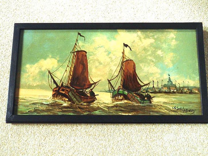 Leuk Olieverfschilderij "2 Botters naar Zee", Antiek en Kunst, Kunst | Schilderijen | Klassiek, Ophalen of Verzenden