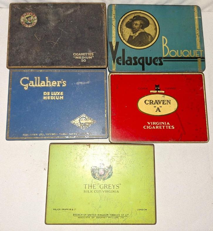 5 x Oude sigarenblikjes, Verzamelen, Rookartikelen, Aanstekers en Luciferdoosjes, Gebruikt, Tabaksdoos of Verpakking, Ophalen of Verzenden