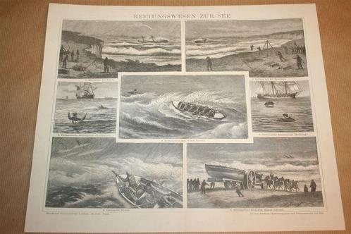 Antieke prent - Reddingswezen op zee - Circa 1885 !!, Verzamelen, Scheepvaart, Gebruikt, Kaart, Foto of Prent, Motorboot, Ophalen of Verzenden