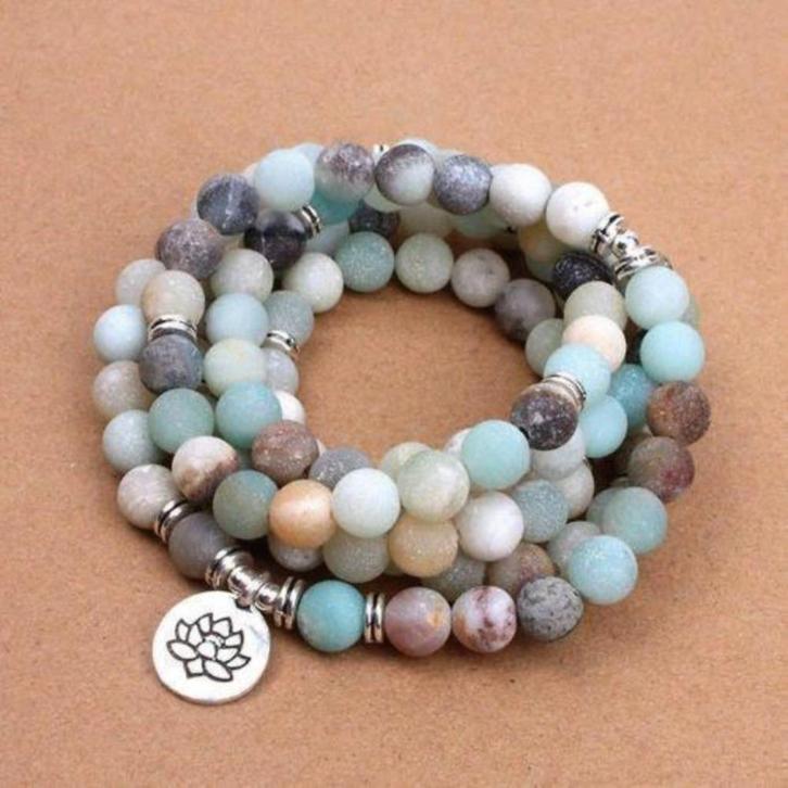 Amazoniet mala ketting met Lotus bedel, Sieraden, Tassen en Uiterlijk, Kettingen, Nieuw, Steen of Mineraal, Zilver, Ophalen of Verzenden