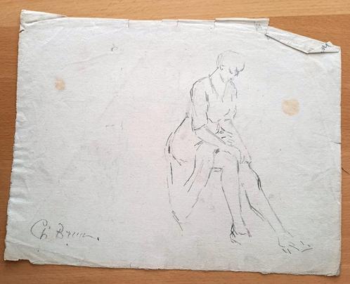 A493-43 Oude tekening Vrouw trekt kous op, Antiek en Kunst, Kunst | Tekeningen en Foto's, Ophalen of Verzenden