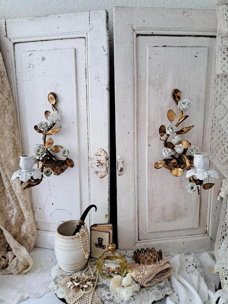 set antieke wandlampjes met porseleinen bloemen *Marries*, Antiek en Kunst, Curiosa en Brocante, Verzenden