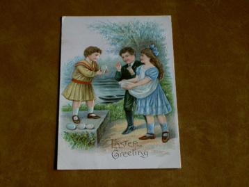 Prachtige oude USA Paaskaart Meisje verkoopt eieren. beschikbaar voor biedingen